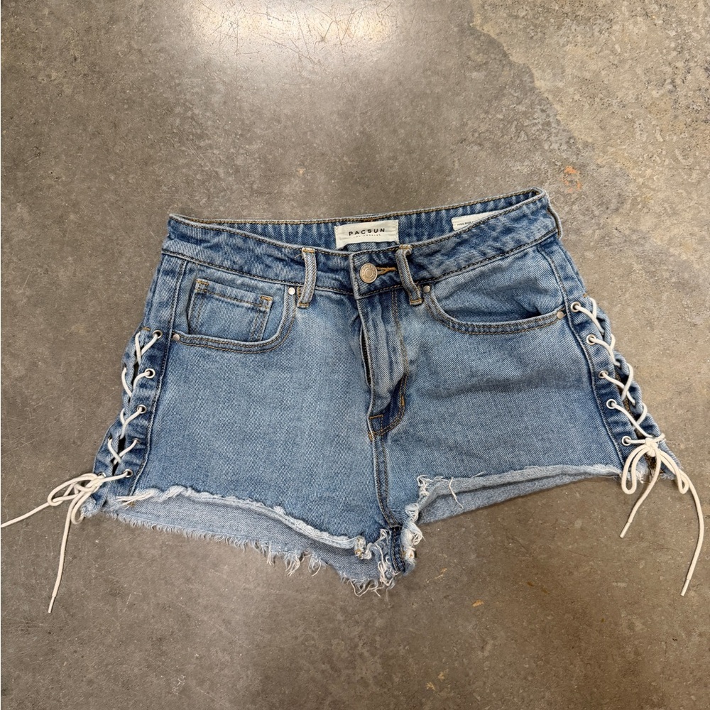 PacSun Light Blue Lace-Up Frayed Denim Shorts